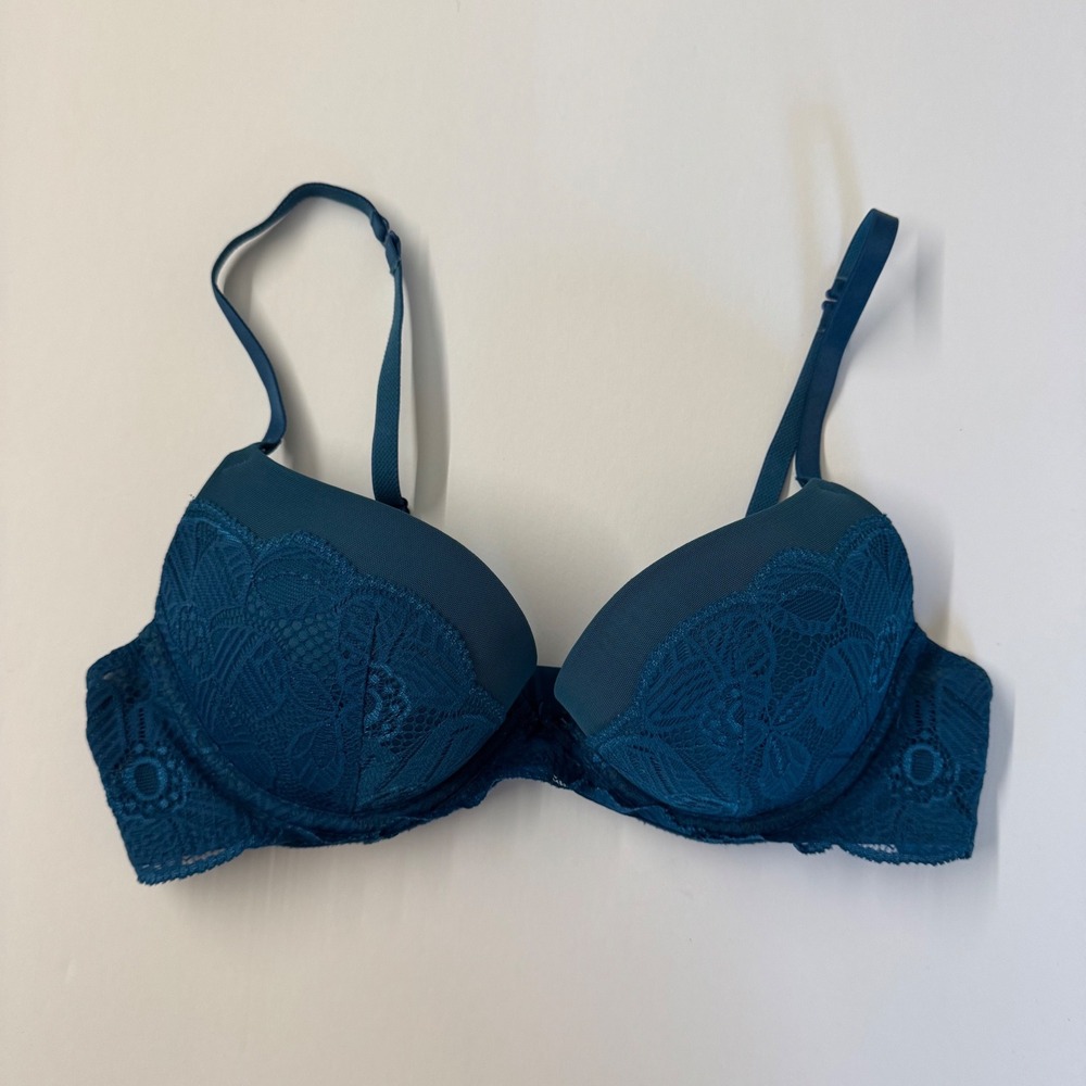 Aerie Teal Blue Floral Lace Push Up Underwire Bra 34B Adjustable Straps